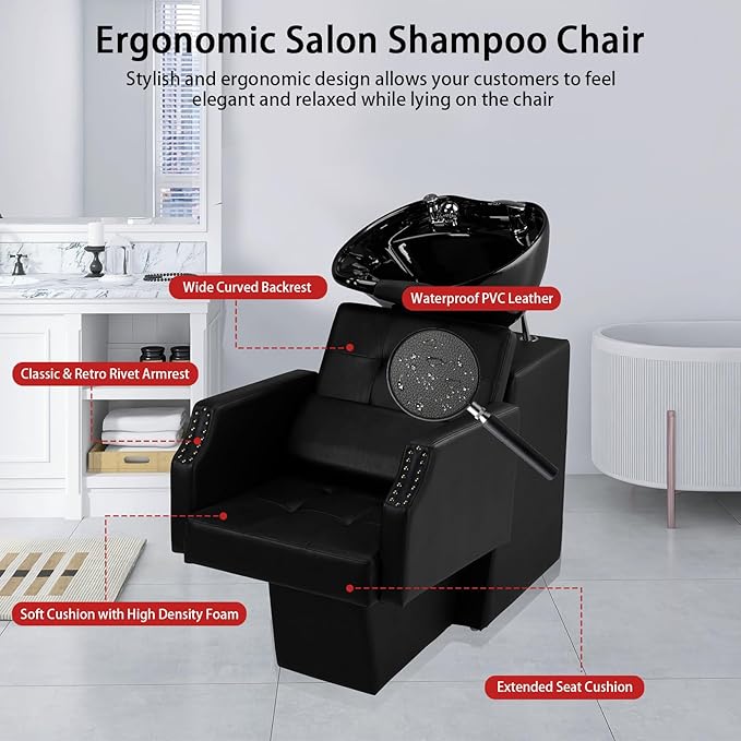 Winado Salon Shampoo Backwash Chair, Hair Wash Stations with Large Ceramic Bowl, Adjustable Shampoo Bowl Sink Chair for Barbershop Beauty Spa Massage Hairdressing Equipment