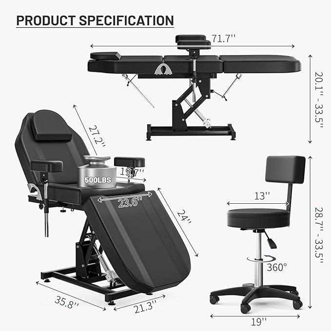 Electric Tattoo Chair Bed for Client with Stool & Adjustable Armrests & Height Facial Chairs for Esthetician Beds for Beauty Spa