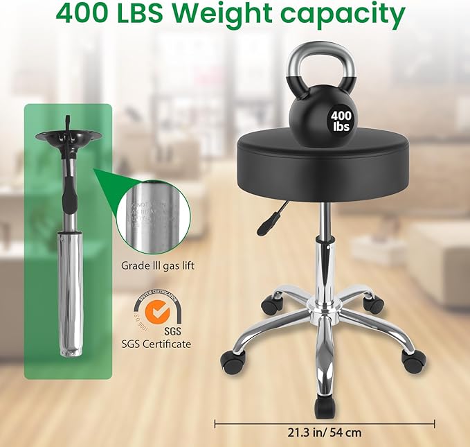 Silver Rolling Stool with Wheels, 360° Swivel Adjustable Height Stool, 400LB Capacity PU Leather - for Salon, Tattoo, Office, Medical, Home & Spa