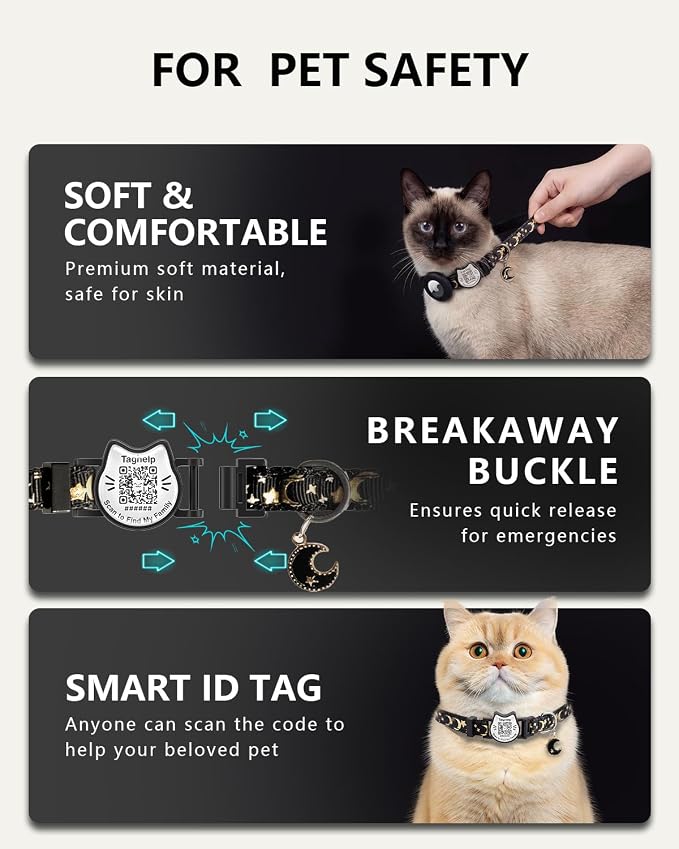 Star & Moon Breakaway Cat Collar with QR Code Tag (Black & Purple) | Reflective Nylon, Quick-Release Buckle