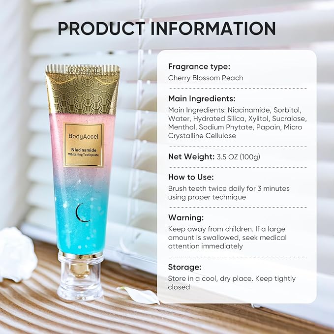 BodyAccel Niacinamide Whitening Toothpaste, Niacinamide Intensive Whitening Toothpaste with Natural Gentle Care Deep Stain Removal Clean Peach Flavor, Improves Gum Health, Fresh Breath (1)
