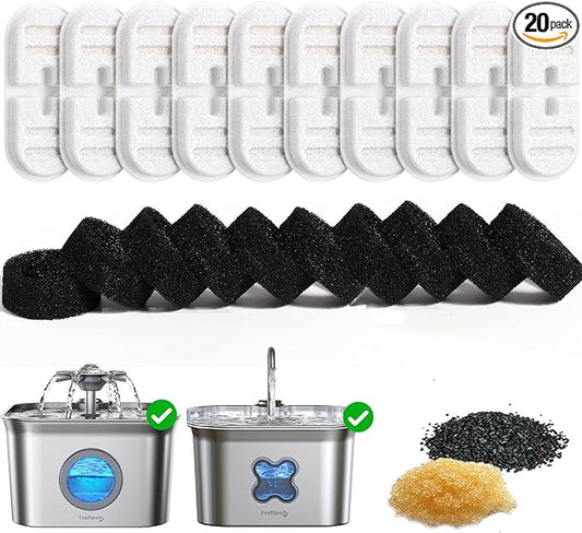 10 Pack New Version Replacement Filters + 10 Pump Sponges for Feelneedy Stainless Steel Cat Water Fountain [FN-W22]/[FN-W22X] - 99oz/2.8L Pet Water Fountain Filters