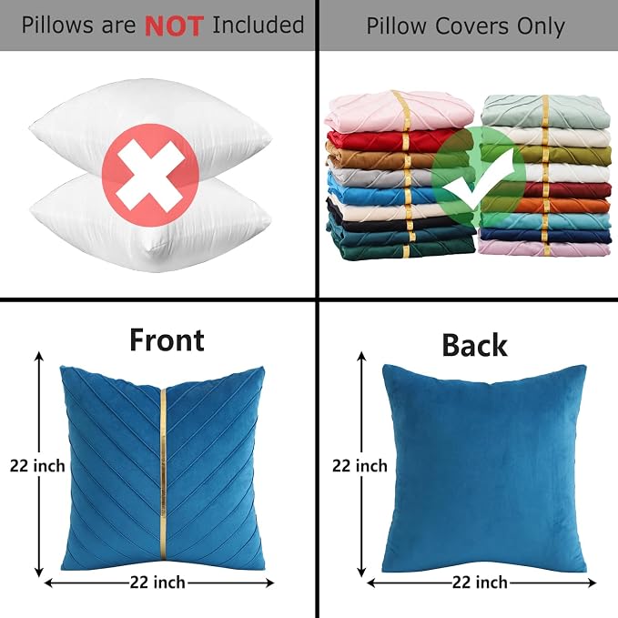 Velvet Throw Pillow Covers 22x22 Pack of 2 Gold Decor Lake Blue | Soft Solid Pillow Covers,Modern Luxury Home Decor,for Couch Chair Sofa Bedroom Livingroom,Hidden Zipper,Ideal Gift,Easy Care
