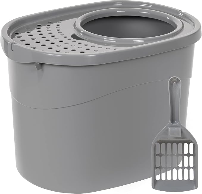 Amazon Basics Large Cat Litter Box with High Sides, Top Entry, Odor Control, Includes Scoop, 20.5 x 14.75 x 14.38 inches, Grey