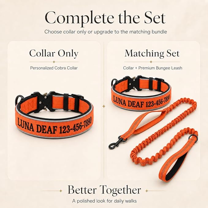 Custom Embroidered Dog Collar with Name and Phone Number, Personalized Safety Alert Collar for Deaf, Microchipped, Senior & Rescue Dogs, Reflective Nylon Collar with Metal Buckle