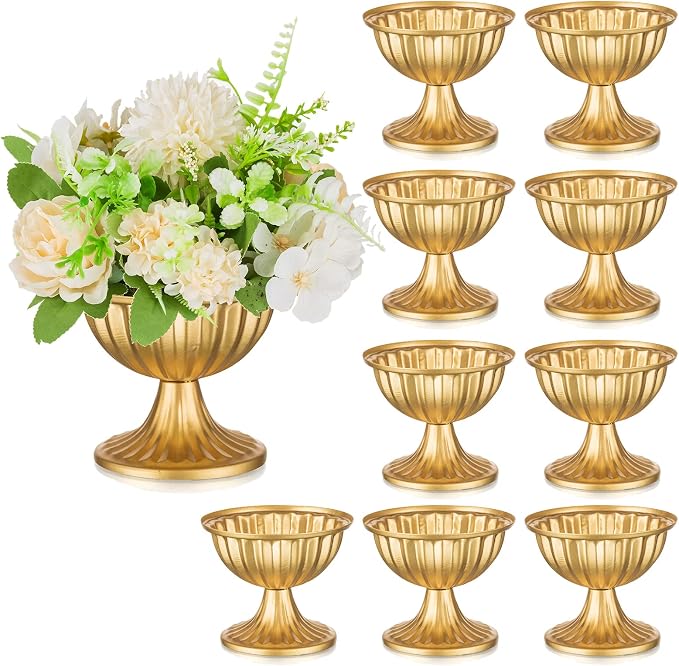 Sziqiqi Gold Metal Urn Vase, Compote Vases for Wedding Centerpiece, 10Pcs | 3.7in Small Golden Flower Arrangement Pots, Table Decorations Bowl Planter for Wedding, Event, Party, Home Decor
