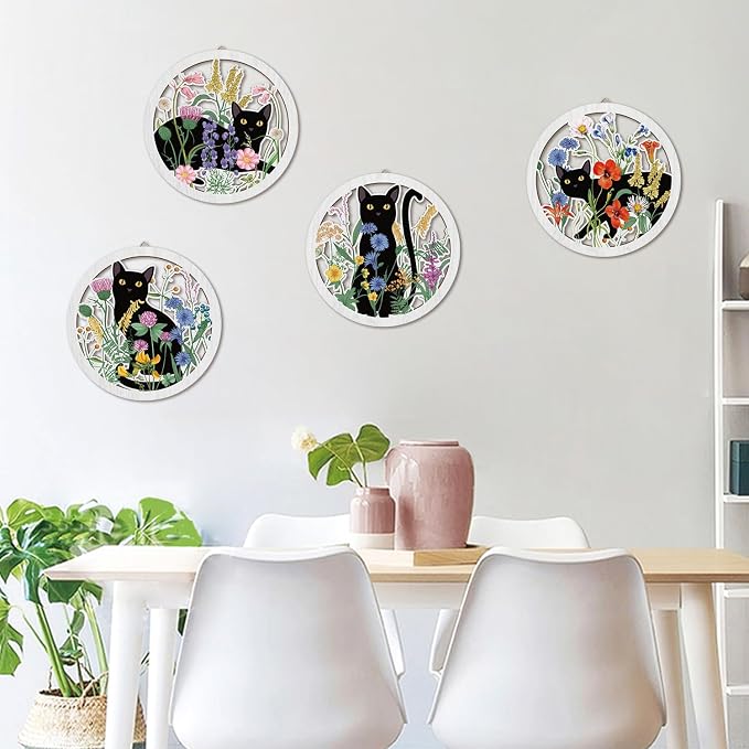 Funny Black Cat Wall Decor,Farmhouse Floral Wooden Signs,4 Pieces 10''x10'' Colorful Botanical Kitten Wall Art,Plant Cat Wood Plaque Home Decor for Pet Shop,Nursery,Lovely Cat Gifts