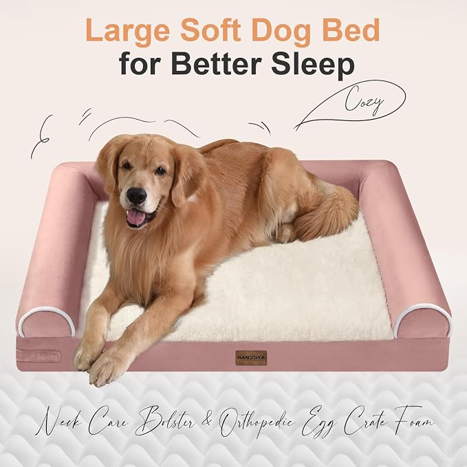 Orthopedic Dog Bed for Jumbo Dogs, 53 x 42 Inch, Pink | Egg crate foam for joint support, 3-sided bolster pet sofa, waterproof lining, washable cover, and non-skid base