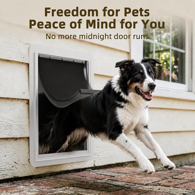 URSPET Large Dog Door for Wall, 3-Flap Insulated, Steel Frame, White | 10.25 x 16.25 in Usable Opening, For 4.3-7.8 in Walls, Compatible with PetSafe Wall Cutouts, Lock Panel, Replaceable Flaps