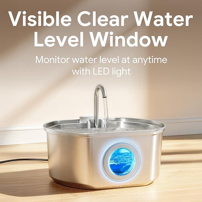 Cat Water Fountain Stainless Steel: 108oz/3.2L Cat Fountain for Drinking | Pet Water Fountain Inside - Automatic Dog Watering Dispenser Bowl - Pet Feeding & Watering Supplies - Water Level Window