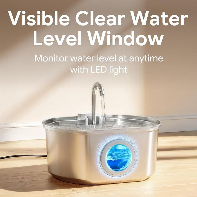 Cat Water Fountain Stainless Steel: 108oz/3.2L Cat Fountain for Drinking | Pet Water Fountain Inside - Automatic Dog Watering Dispenser Bowl - Pet Feeding & Watering Supplies - Water Level Window