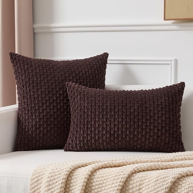 Kevin Textile Soft Corduroy 12"x24" Lumbar Pillow Cover 1 Pack, Coffee | Boho Stripe Plush Corduroy Decorative Oblong Cushion Cover Modern Farmhouse Home Decor for Sofa Couch Bed Chair