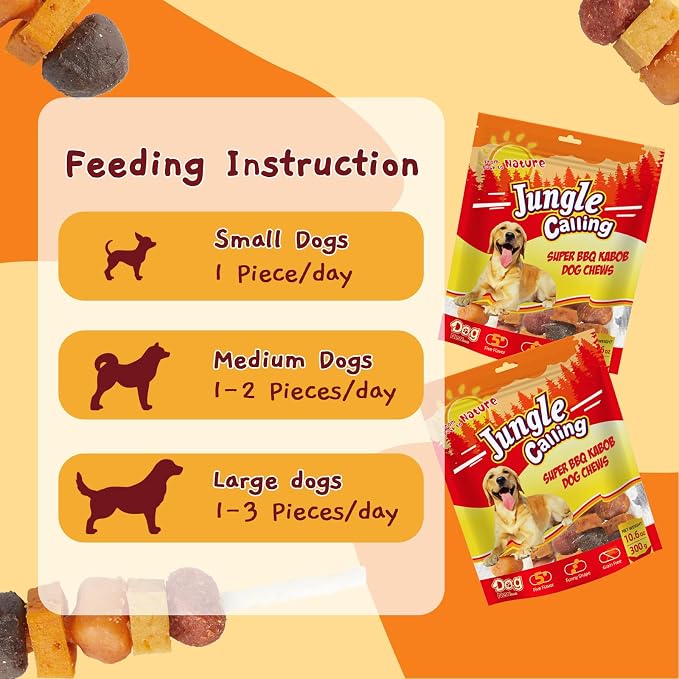 Jungle Calling Multi-Flavor Dog Kabob Treats, Edible Rawhide Stick, 10.6 oz | Premium Snacks for Medium & Large Dogs, Made with Chicken, Duck, Beef, Sweet Potato and Pumpkin, Perfect for Special Moments