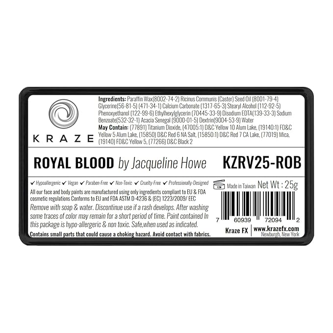 Kraze FX Dome Stroke - Royal Blood (25 gm), Professional 1-Stroke Split Cake, Hypoallergenic, Non-Toxic, Water Activated Face & Body Painting Makeup Supplies for Halloween, Kid Safe, Adults