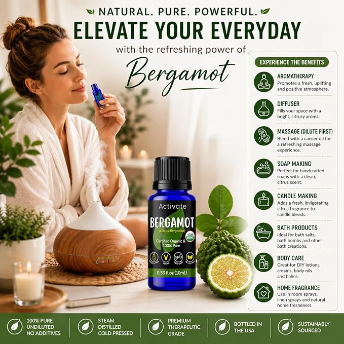 Activate Bergamot Organic Essential Oil, USDA Certified Organic, 100% Pure & Undiluted, Cold Pressed Citrus Bergamia Oil for Aromatherapy, Diffuser, Massage, DIY Skin Care, 10mL
