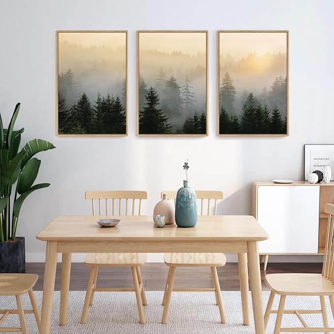 FWIEXA Misty Forest Wall Art Canvas Set, Framed Mountain Wall Decor, 3 Piece Nature Wall Painting, Foggy Pine Tree Landscape Artwork, 16x24 Inches Green Pictures for Living Room, Bedroom, Office, Gift