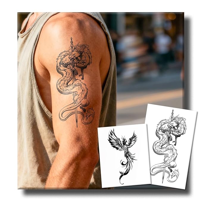 Semi Permanent Tattoos, 2 Sheets Realistic Large Coiled Dragon Sword & Flaming Phoenix Couple Temporary Tattoos for Men Women Back Arms Calf, 2 Weeks Fake Tattoos, Waterproof and Non-Reflective