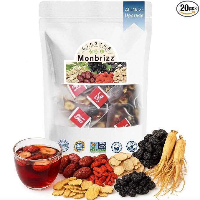 Monbrizz Kidney Tea Formula - 20 Count Travel Size, Ginseng Six Treasure Tea with Maca Root, Goji Berries & Turmeric, Natural Kidney Cleanse & Detox, Caffeine-Free Herbal Tea Bags (20 Count)