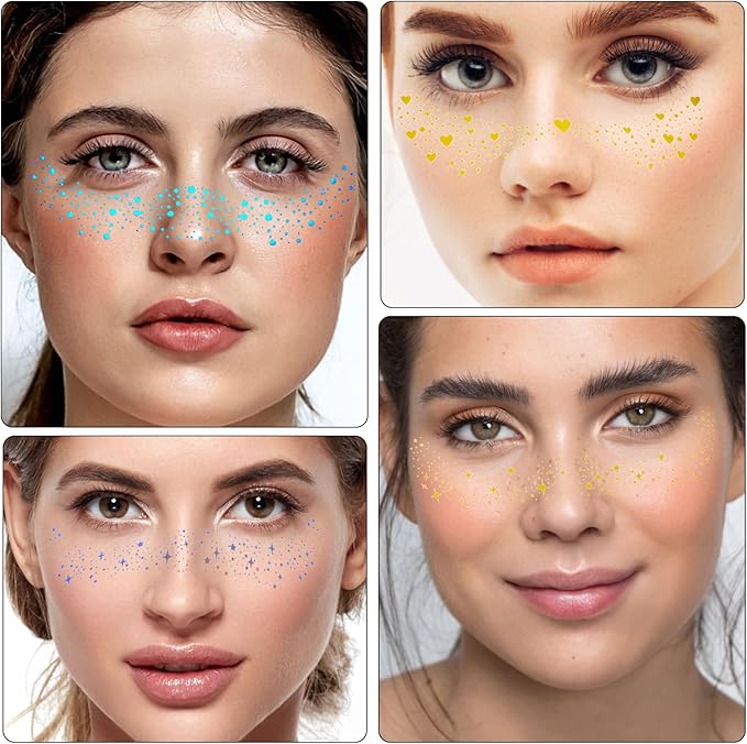 12 pcs Glitter Freckles Holographic Face Body Glitter Tattoo Sparkle Gold Glow Cosmetic Cute Star Temporary Face Tattoo Waterproof Sweatproof Sparkle Speckles Patches for Women Festival Rave Party