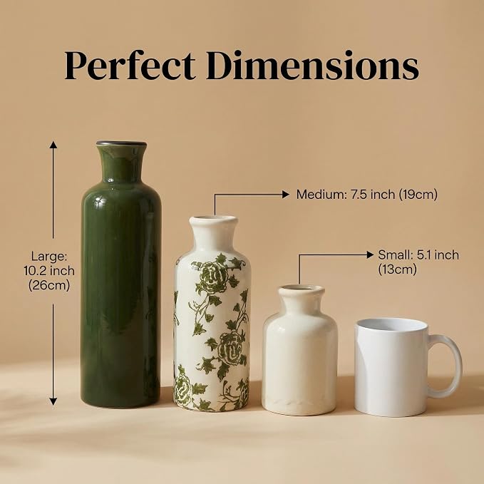 Ceramic Vintage Vase Set of 3, Green and White Crackle Glaze, Chinoiserie Floral Decor for Farmhouse Shelf, Table Centerpiece, Mantel, Living Room & Office