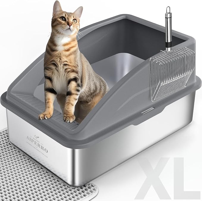 AIPERRO Stainless Steel Litter Box | XL Metal Cat Litter Boxs with Lid | Enclosed High Sided for Big Cats | Anti-Urine Leakage | Non-Stick & Easy to Clean with Litter Mat & Metal Scoop (Dark Gray)
