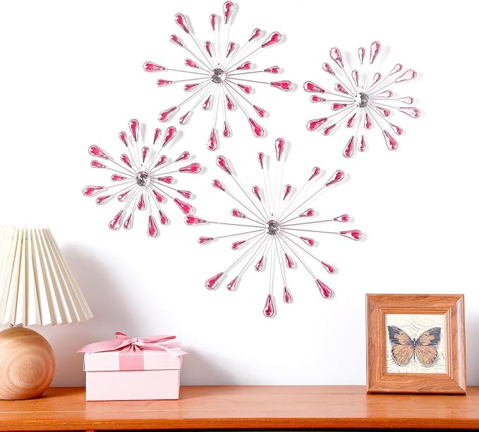 Hicarer 4 Pcs Starburst Wall Decor Bling Wall Art Crystal Teardrop 3D Hanging Rhinestone Radial Metal Artwork Modern Accent Sculptures Decorations for Living Room Home Office Bedroom(Pink)
