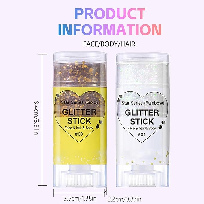 2Pcs Body Glitter Gel,Silver Gold Chunky Sparkling Glitter Stick,Waterproof Lasting Sparkling Body Gel Sequins,Face Hair Nail Festival Glitter Make Up for Halloween Birthday Makeup Party