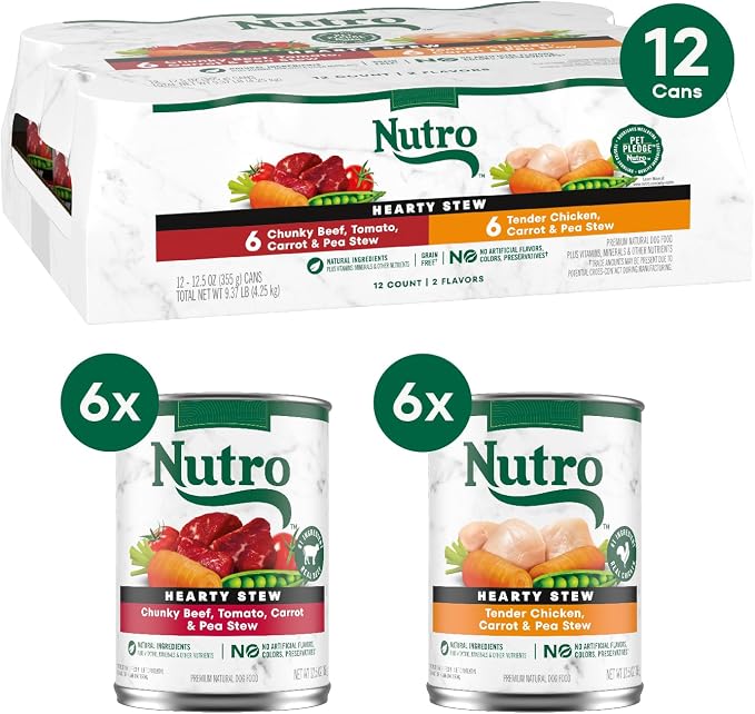 Nutro Hearty Stew Adult Natural Grain Free Wet Dog Food Cuts in Gravy Chicken Beef Variety Pack, 12.5 oz Cans (12 Count, Pack of 2)