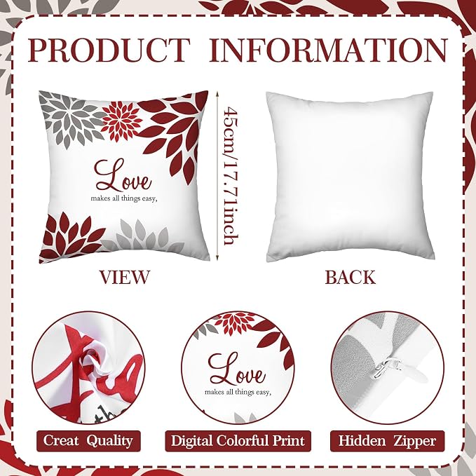 Tatuo 4 Pcs Flower Pillow Covers Square Summer Pillow Cushion Cases 18 x 18 Inch Family Faith Hope Love Words Decorative Spring Winter Cushion Case for Bed Couch Sofa Living Room(Red Series)
