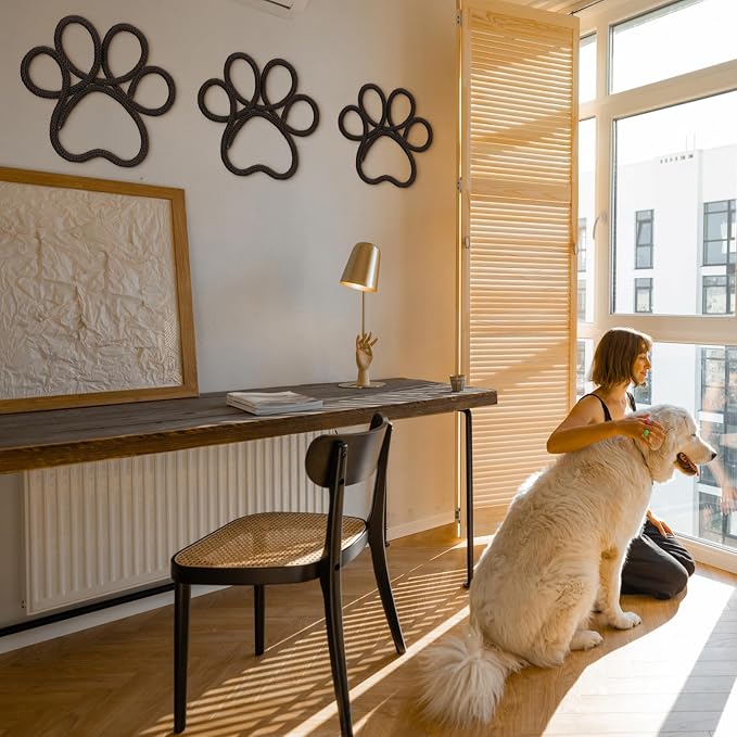 Barydat 6 Pcs Dog Room Decor Black Paw Puppy Woven Wall Hanging 3 Size Pet Wall Decor Nursery Decorations for Home Bathroom Bedroom Kitchen Dorm Art