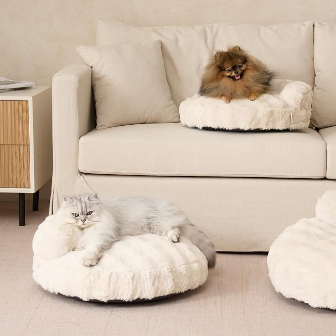 EHEYCIGA Soft Cat Couch Bed for Indoor Cats, Fluffy Small Dog Bed with Removable Washable Cover, Bolster Pet Sofa, Waterproof and Non-Slip, 24" x 24"x 7", Cream