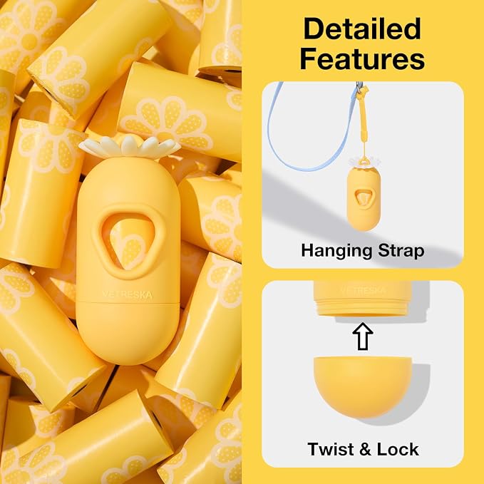 VETRESKA Dog Poop Bag Dispenser with Daisy Scented Waste Bags, 105 Counts | Leak Proof and Extra Thick Pet Waste Bags for Dog Walking and Cat Litter
