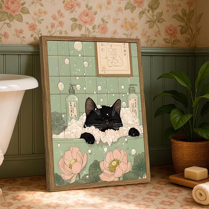 Funny Japanese Black Cat Bathroom Wall Art, Cute Black Cat in Bathtub Wall Decor Picture, Whimsical Japan Animal Bathroom Poster Canvas Prints Painting Artwork 12x16 inch Framed