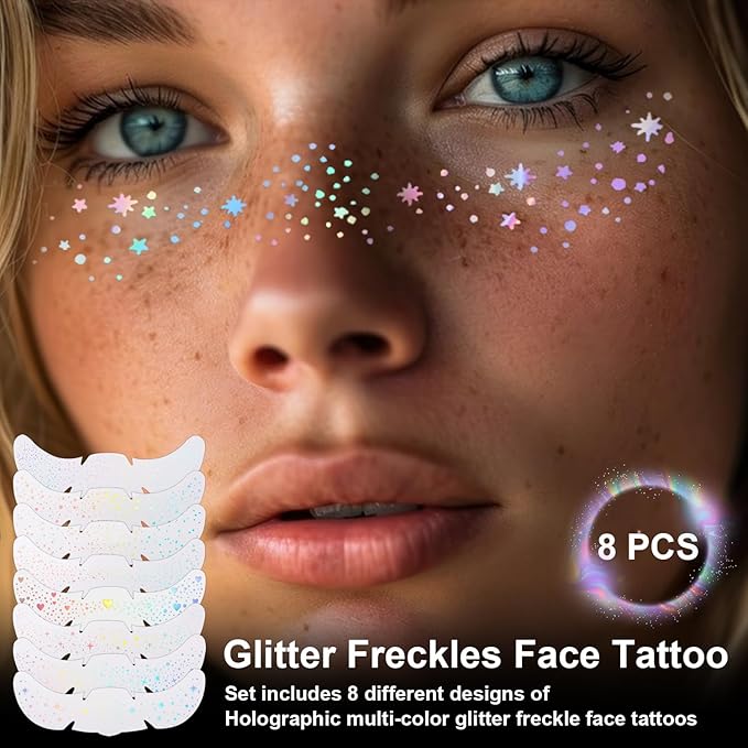 8PCS Glitter Freckles Face Tattoo for Body and Face, Face Glitter Patches for Women, Glow Up Makeup Patches Cosmetic Glitter for Festival Rave Prom (8PCSA holographic multicolor)