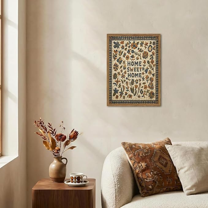 Vintage Mosaic Floral Wall Art Home Sweet Home Tile Florals Wall Decor Painting, Retro Country Boho Poster Canvas Print Picture for Living Room Bedroom 12x16 inch Wood Framed