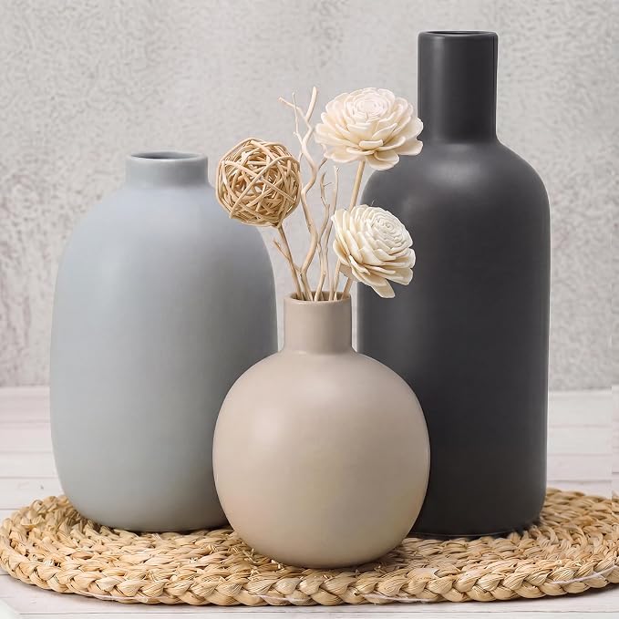 Large Ceramic Vase Set of 3, Neutral Vases Home Decor Waterproof | Farmhouse Vases for Pampas Grass & Dried Flowers and Table Living Room Home Decor