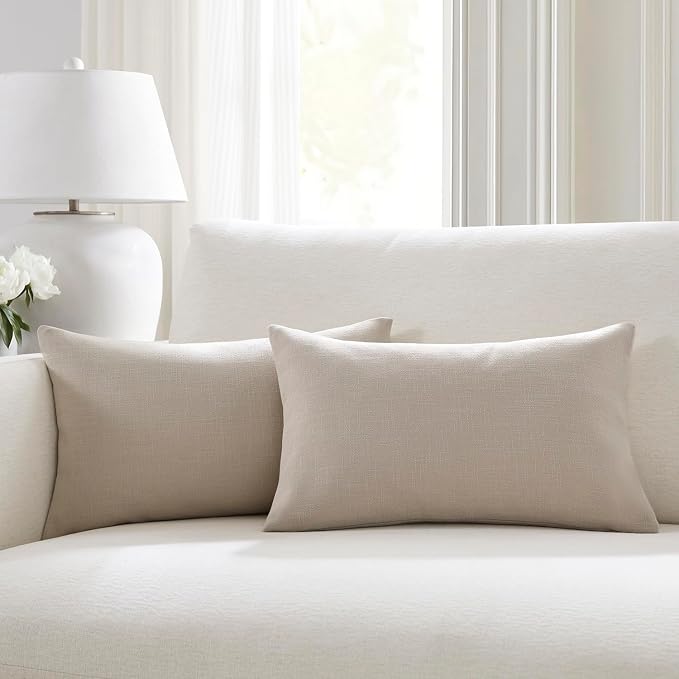 Meekio Set of 2 Soft Beige Throw Pillow Covers 12x20, Modern Farmhouse Linen Blend Decorative Pillow Covers for Couch Sofa Bed, Neutral Home Decor