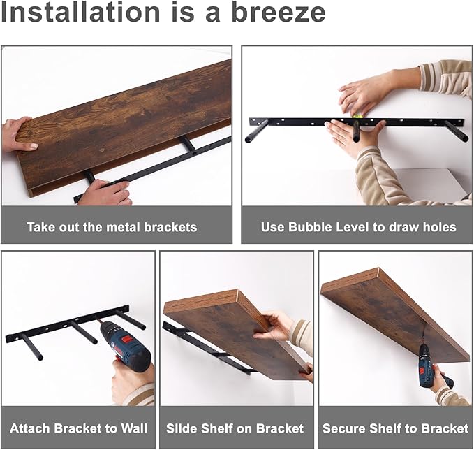 Fixwal Floating Wall Shelves for Decor (Rustic Brown, Set of 2, 35.4Inch) | MDF Shelf with Metal Brackets, Space Saving for Books , Decor, Fits Bathroom, Kitchen, Bedroom, or Office