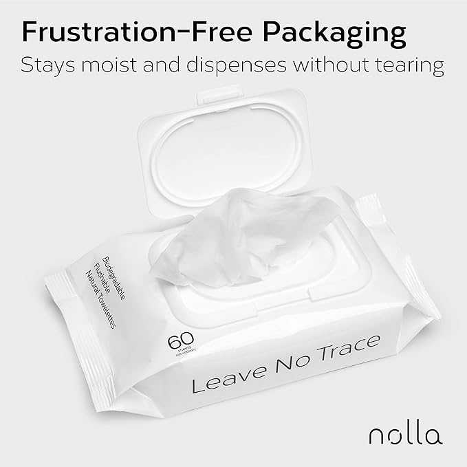 Nolla Flushable Wipes, 100% Plant-Based, Plastic-Free and Biodegradable - For Adults and Kids - Unscented + Soothing Aloe and Vitamin E 360 Count (6 Packs of 60)