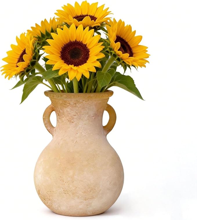 Brown Glass Vase with Handles - 7.5 Inch Rustic Terracotta Style Flower Vase, Vintage Decorative Round Bud Jar for Dried Flowers, Earthy Aesthetic Centerpiece for Modern Farmhouse & Boho Home Decor