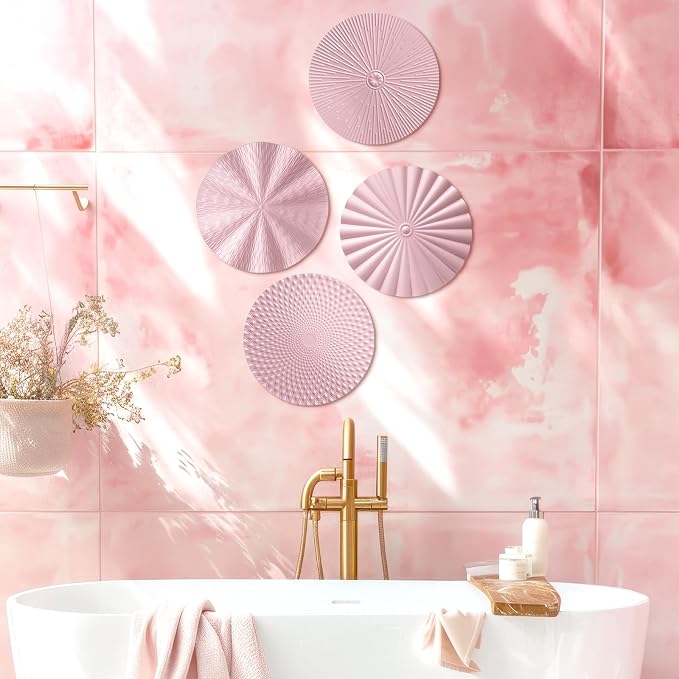 Hicarer 4 Pcs 12 Inch Pink Metal Wall Art Decor Modern Sunburst Hanging Artwork Decor Wall Decorations for Home Bedroom Bathroom Living Room Office Sculpture