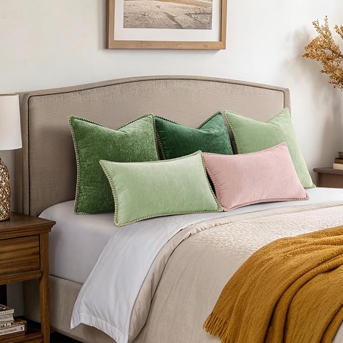 decorUhome Soft Chenille Throw Pillow Covers 12x20 Set of 2 Sage Green | Fall Textured Decorative Throw Pillow Cases Stitched Edge Modern Farmhouse Luxury Boho Velvet for Couch Sofa Bed Home Decor