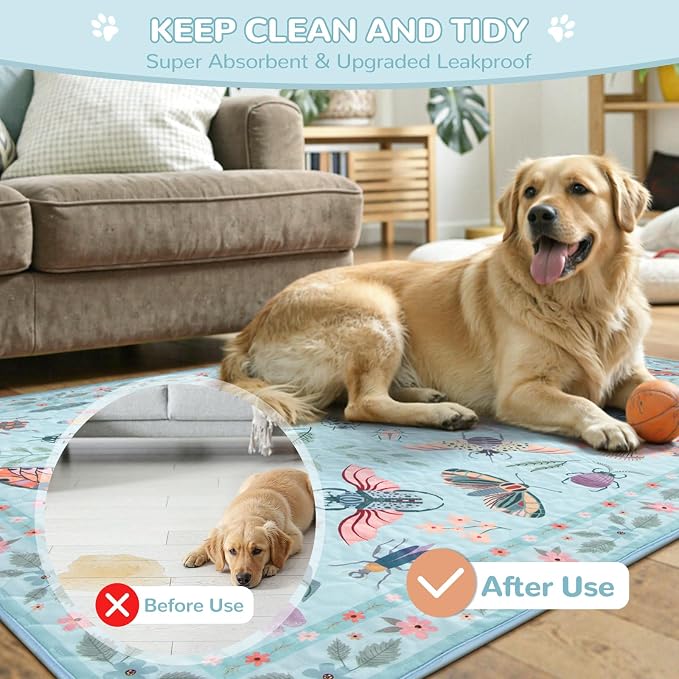 Lahome Insect Washable Reusable Pee Pads for Dogs, 2 Pack, Blue, 36x48 | Waterproof, absorbent pet mats with non-slip backing and butterfly print; suitable for crates, floors and potty training.