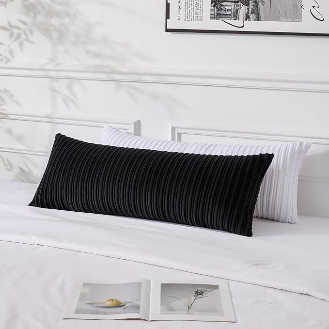 UGASA 14x36 Inch Pillow Cover Pack of 1 Soft Boho Stripe Corduroy Large Long Rectangular Lumbar Cushion Cover Farmhouse Decorative Throw Pillowcase for Bed, Couch, Sofa, Bedroom, Living Room, Black