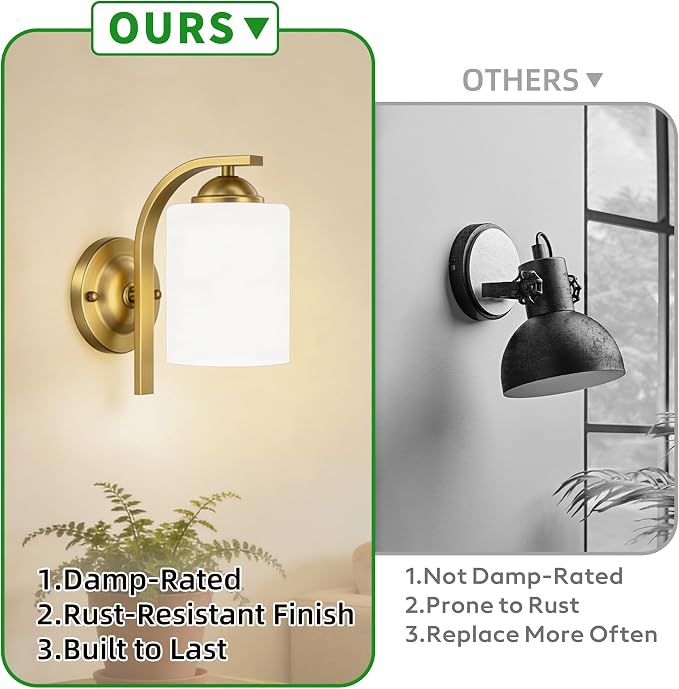 2-Pack Wall Sconces for Bedroom and Bathroom, Gold Farmhouse Wall Light Fixtures with Glass Shade, Modern Vanity Wall Lamps for Living Room, Hallway, Kitchen