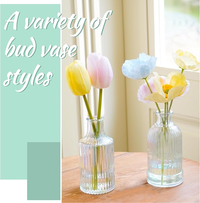 Bud Vases Set of 12, Iridescent Glass Vase for Decor Centerpieces | Small Vases for Flowers, Clear Irised Flower Vase Ribbed Modern Bud Vases Colorful Vases for Wedding Party Table Decoration