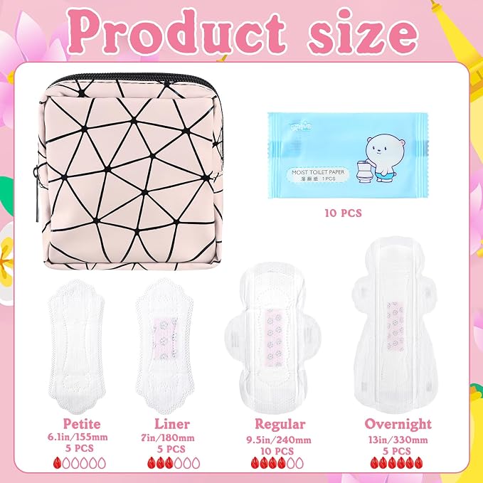 Tondiamo First Period Kit for 9-12 for School Menstrual Starter Kit Essentials for Tween Girls Gifts Box with Sanitary Pad Bag 25 Sanitary Napkins 10 Feminine Wipes