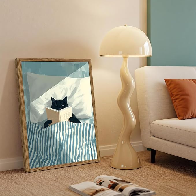 Framed Funny Black Cat Wall Art, Whimsical Cat in Stripe Bed Reading Wall Decor Painting Cute Animal Book Lover Poster Canvas Print for Bedroom Living Room 12x16 inch Wood Framed