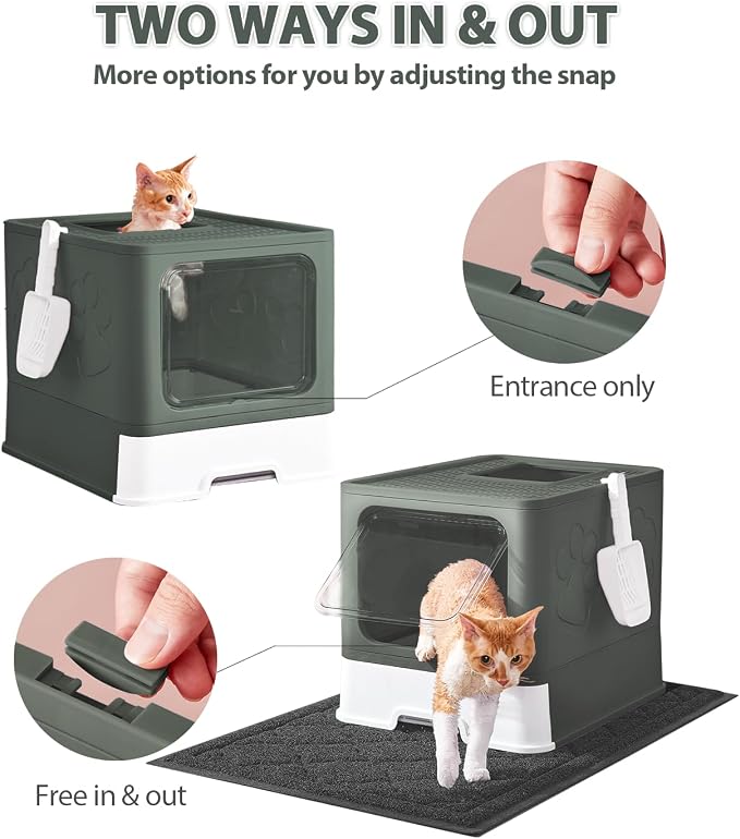 Cat Litter Box with X-Large Litter Mat and Scoop(Upgrade Olive Green) | Large Covered Litter Box with Lid, Enclosed Kitty Box,Front Top Entry Exit, Odor Control Easy to Clean
