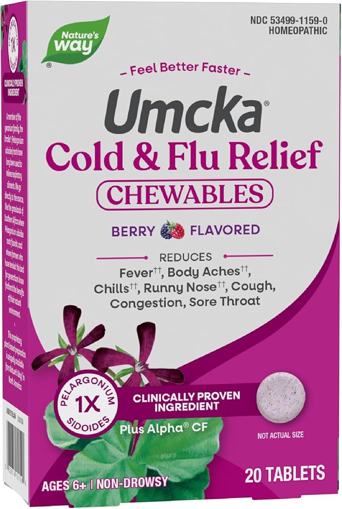 Nature's Way Cold+Flu Relief, Umcka, Shortens Duration and Reduces Severity, Multi-Symptom Relief, Homeopathic, Phenylephrine Free, Non-Drowsy, Berry Flavored, 20 Chewable Tablets (Packaging May Vary)
